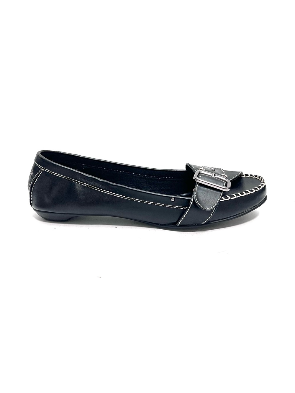 Vintage Y2K deadstock black vegan leather slip on buckle loafer moccasins